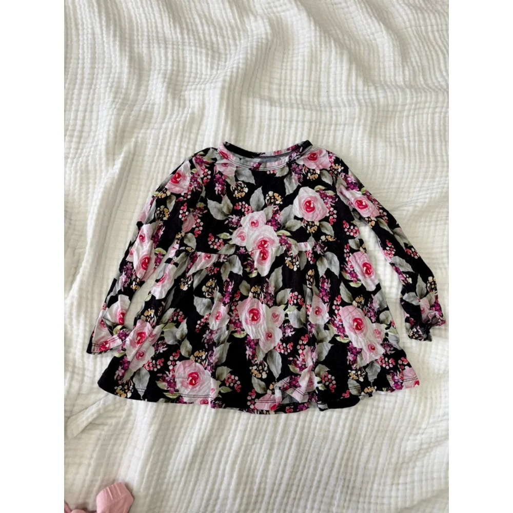 Girls Posh Peanut Bamboo Matching Set 3T Black Pink Floral Top & Leggings
